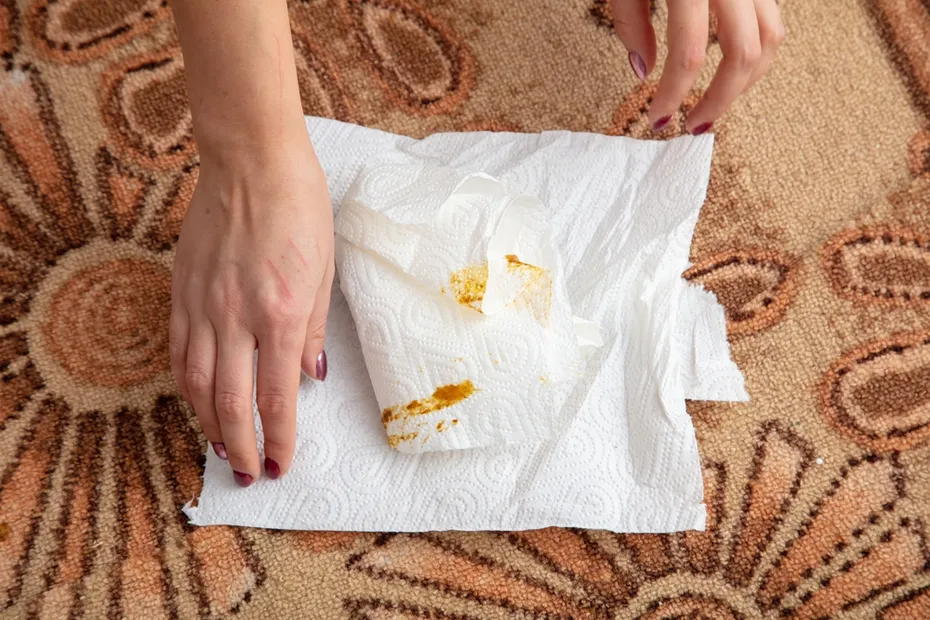 cleaning up cat poop on the carpet with paper towel