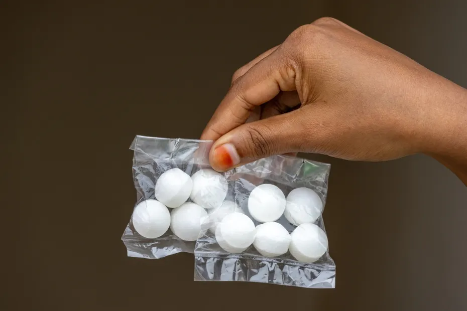 Hand holding mothballs in a plastic bag