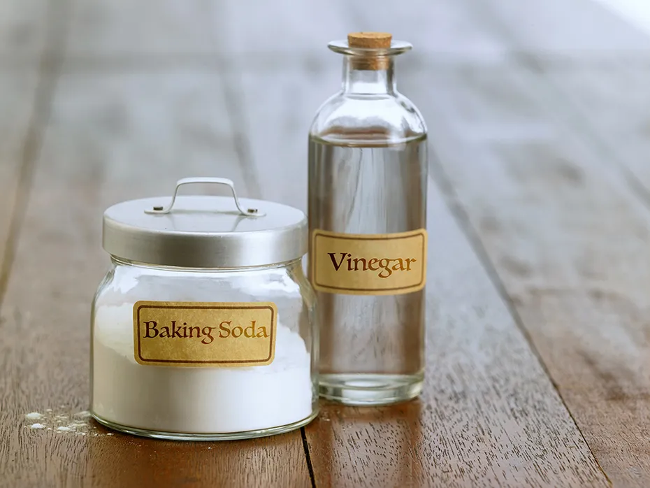 jar of baking soda and bottle of vinegar