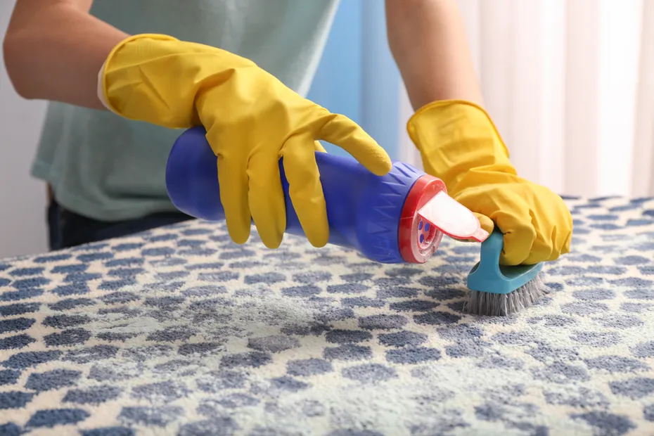 Woman cleaning carpet brushing