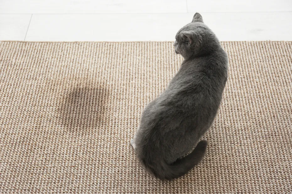 cat on carpet with urine stain