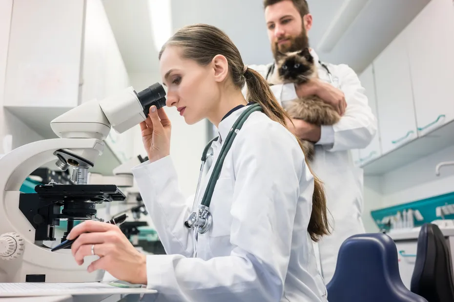 Veterinarian,Doctors,Analyzing,Blood,Samples,Of,Cat,In,Laboratory,Under