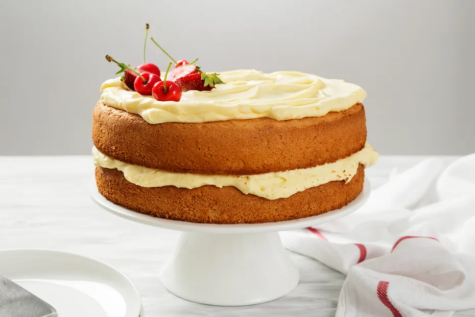 cake with vanilla frosting and a few cherries and strawberries
