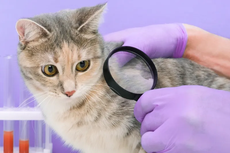 vet holding magnifying glass searching cat fleas over a grey and orange cat