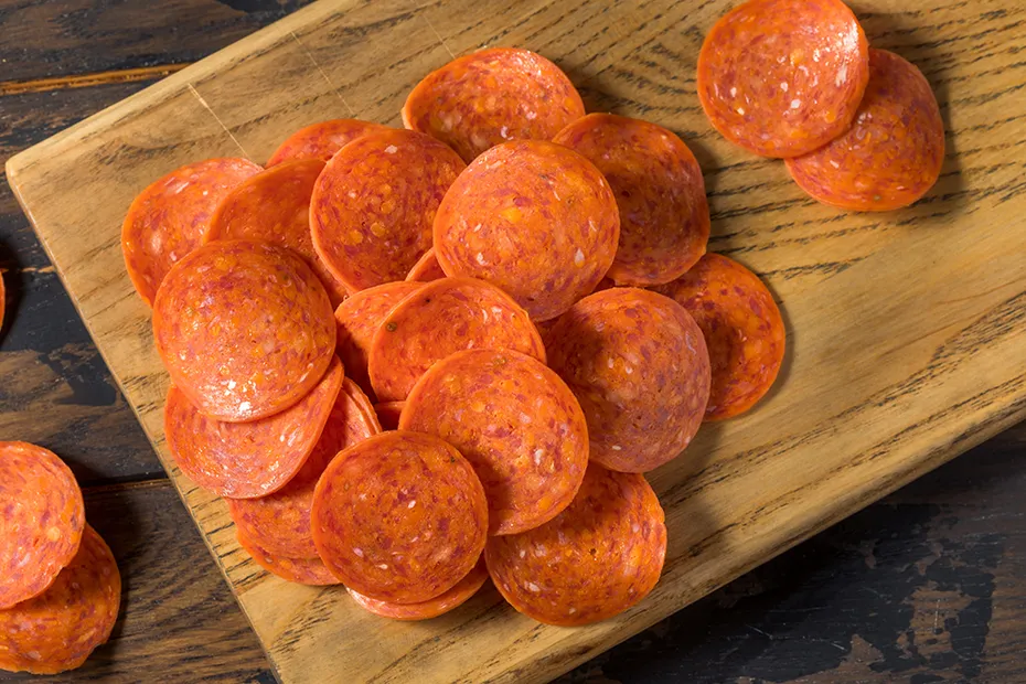 Pepperoni Slices on the chopping board
