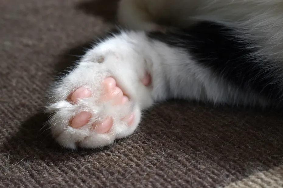 white cat paw with pink toe beans