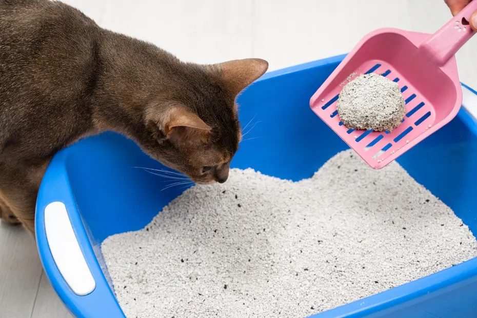 Owner cleaning the litter box. Cat sniffing.