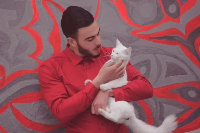 cat owner talking to his pet