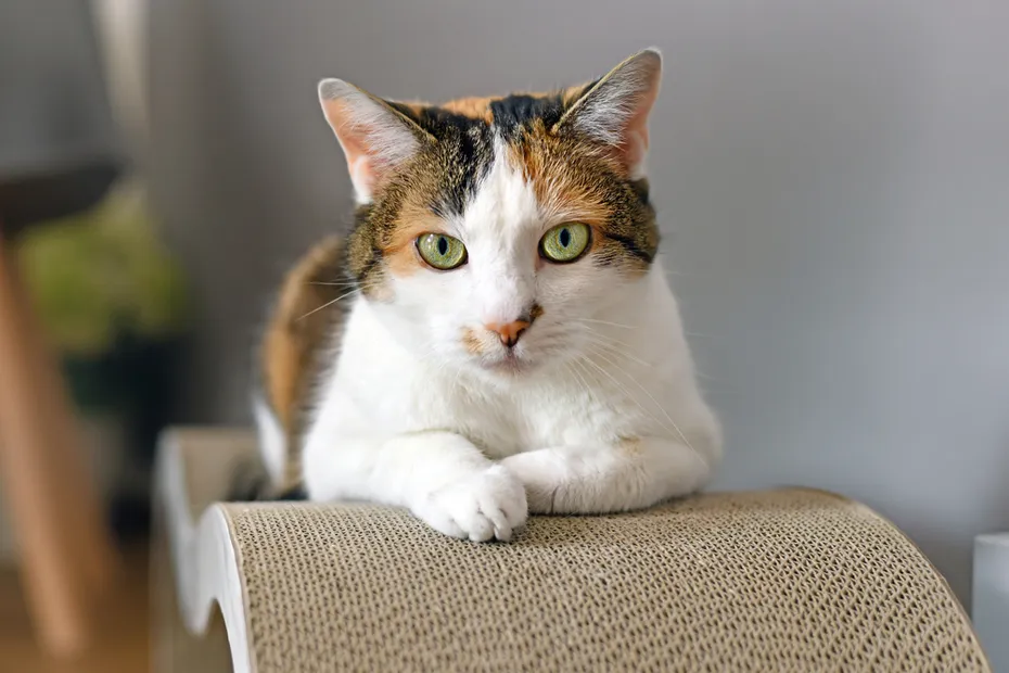 Calico-Cat-with-green-eyes-lying-on-cardboard-scratch-board
