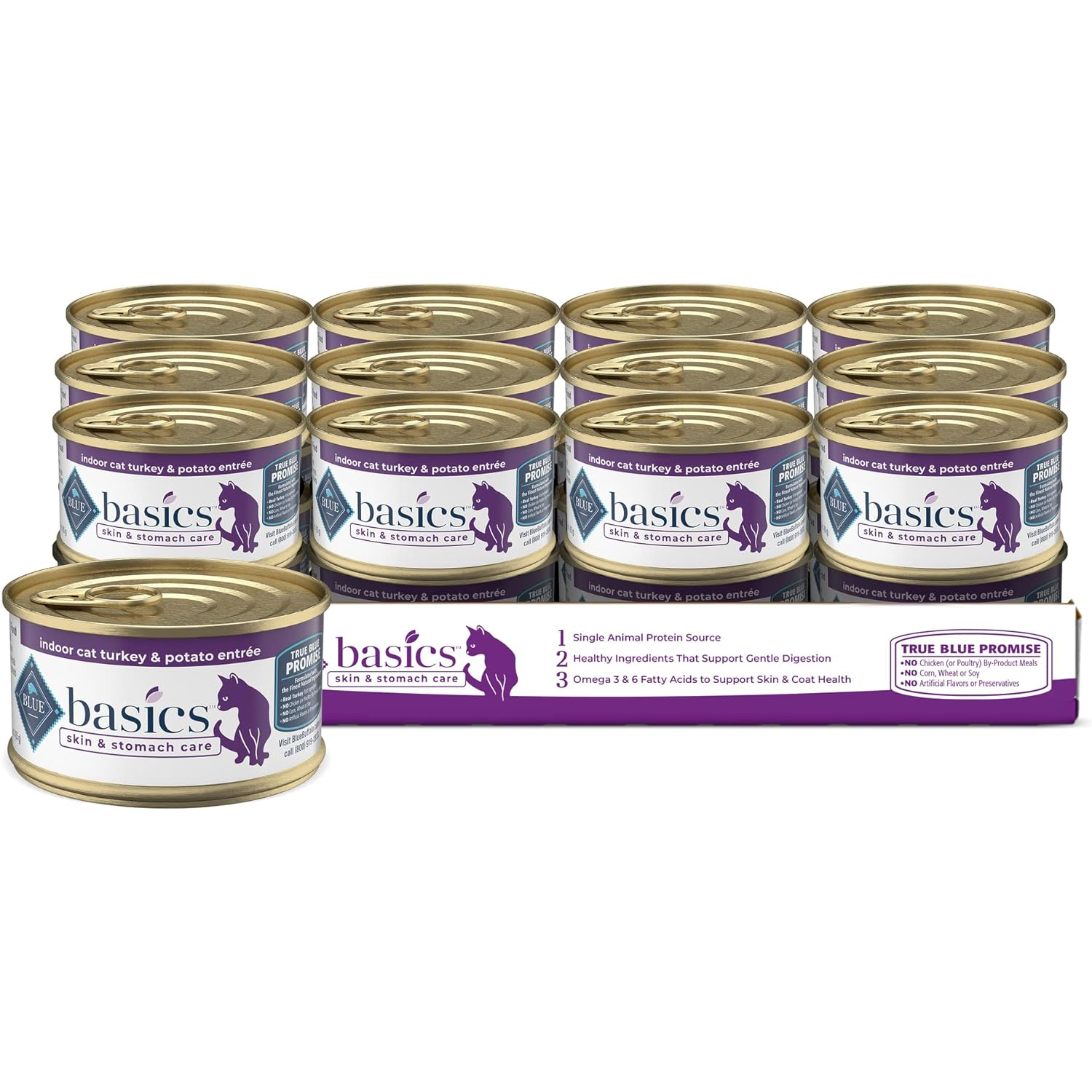 Blue Buffalo Basics Skin & Stomach Care, Grain Free Natural Adult Pate Wet Cat Food, Indoor Turkey 3-oz cans (Pack of 24) New