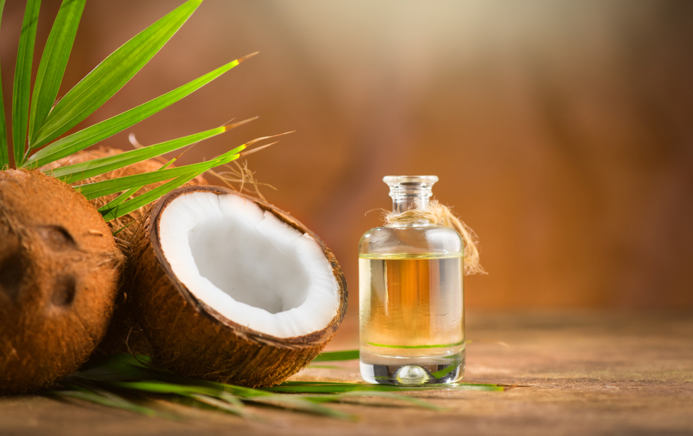 Coconut palm oil in a bottle with coconuts