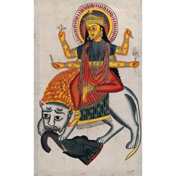 Durga riding on her lion killing a demon watercolour drawing