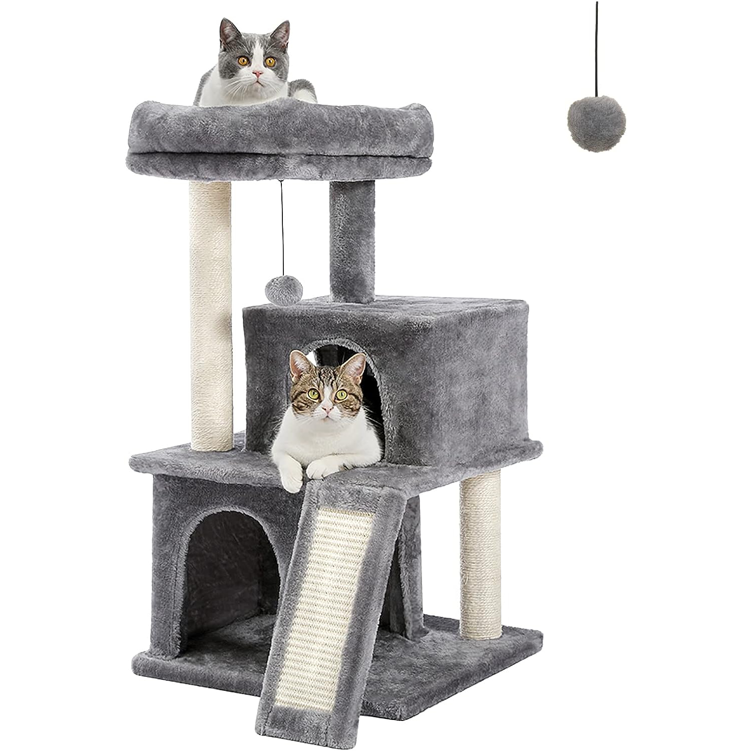 PAWZ Road 34 Inches Cat Tree Multilevel Cat Tower with Double Condos, Spacious Perch, Fully Wrapped Scratching Sisal Post and Replaceable Dangling Balls Gray