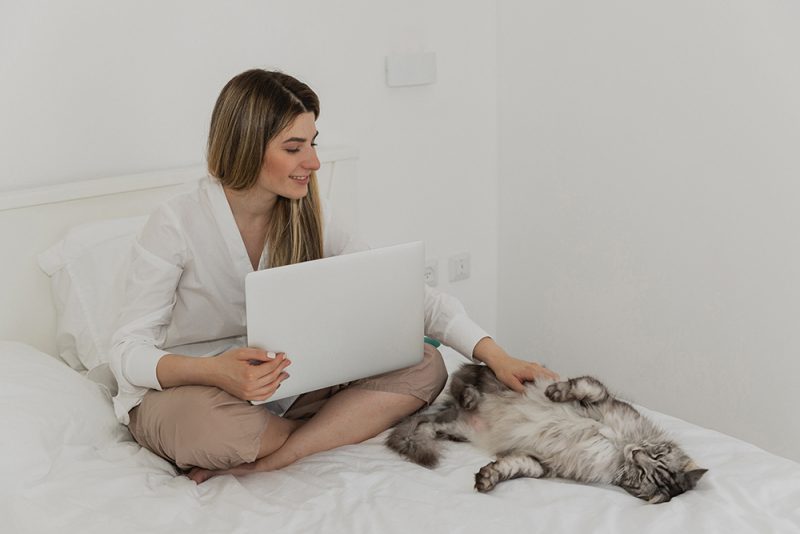 woman with laptop petting her cat in bed