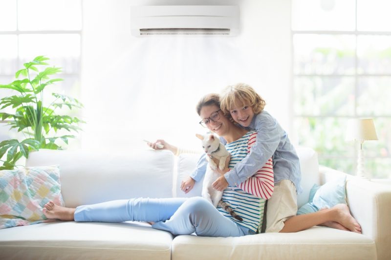 Mother child and cat with air conditioner remote control
