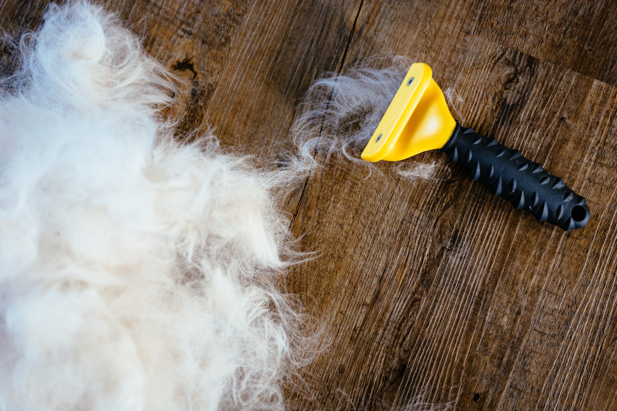 Pile of light gray cat fur from a Ragdoll laying on a wooden floor next to a yellow brush comb