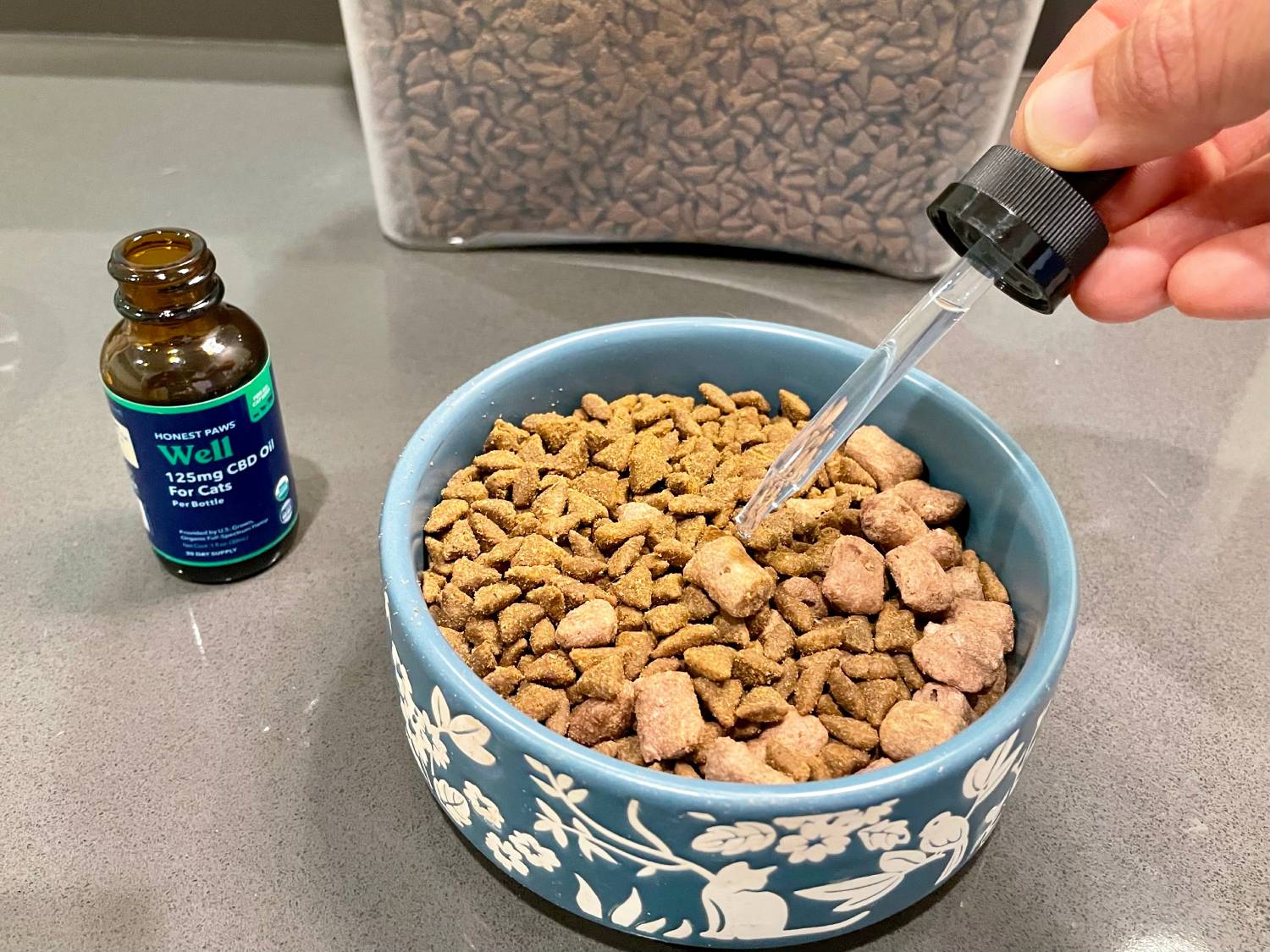 Honest Paws Well CBD Oil Tincture for Cats Review - putting oil on kibbles