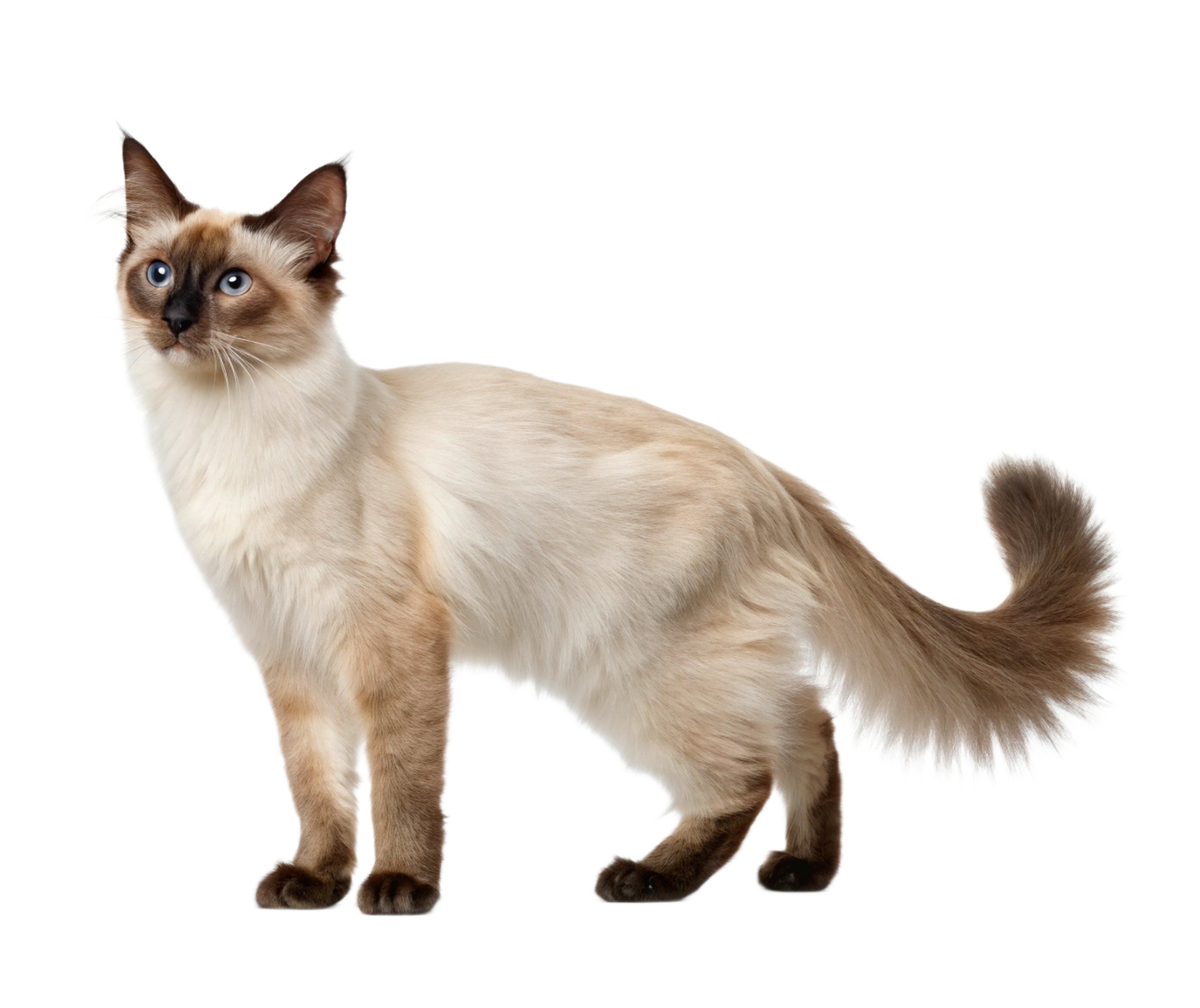 Full Body of Balinese Cat Standing Elegantly Against White Background
